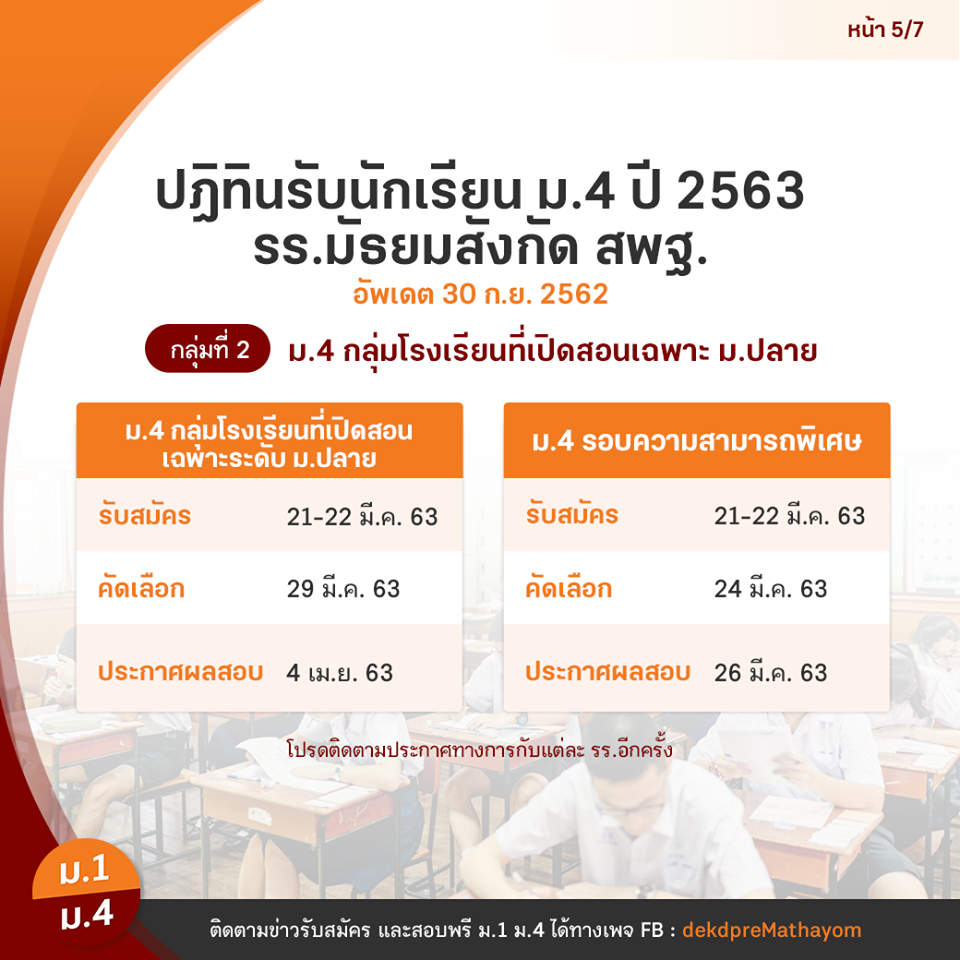 ปฏิทินรับสมัครเข้า ม.1 และ ม.4 ปี 2563